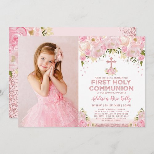 Pretty First Holy Communion Rose Gold Pink Floral Invitation