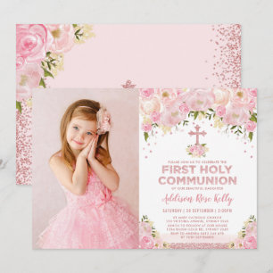 Pretty First Holy Communion Rose Gold Pink Floral Invitation