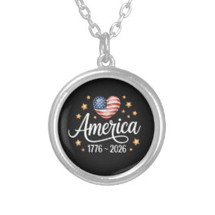 Pretty Flag Heart 1776-2026 July 4th 250th Silver Plated Necklace