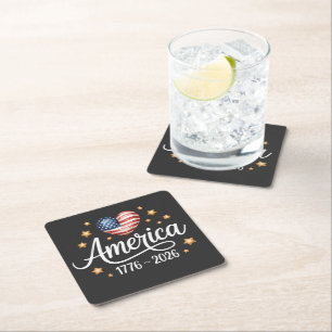 Pretty Flag Heart 1776-2026 July 4th 250th Square Paper Coaster