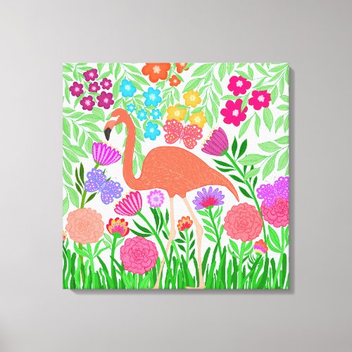 Pretty Flamingo Flowers and Butterflies Canvas Print