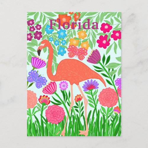 Pretty Flamingo Flowers and Butterflies Postcard