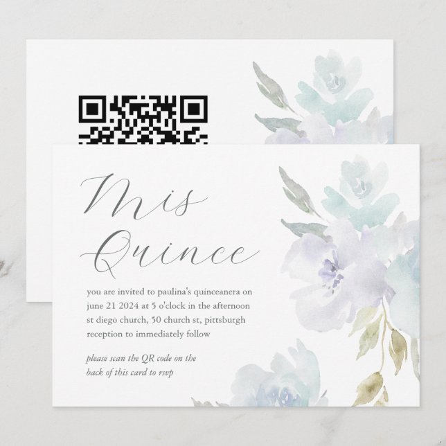 Pretty Floral 15th Birthday Quinceañera QR Code Invitation (Front/Back)