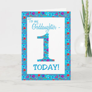 Pretty Floral 1st Birthday Card Goddaughter Blue