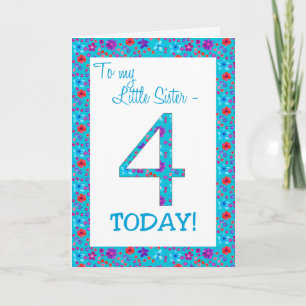 Pretty Floral 4th Birthday Card Little Sister Blue