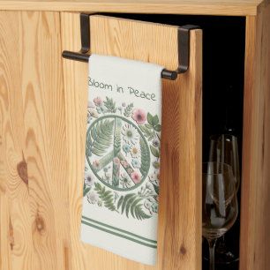 Pretty Floral 70's Retro "Bloom in Peace" Sign Kitchen Towel