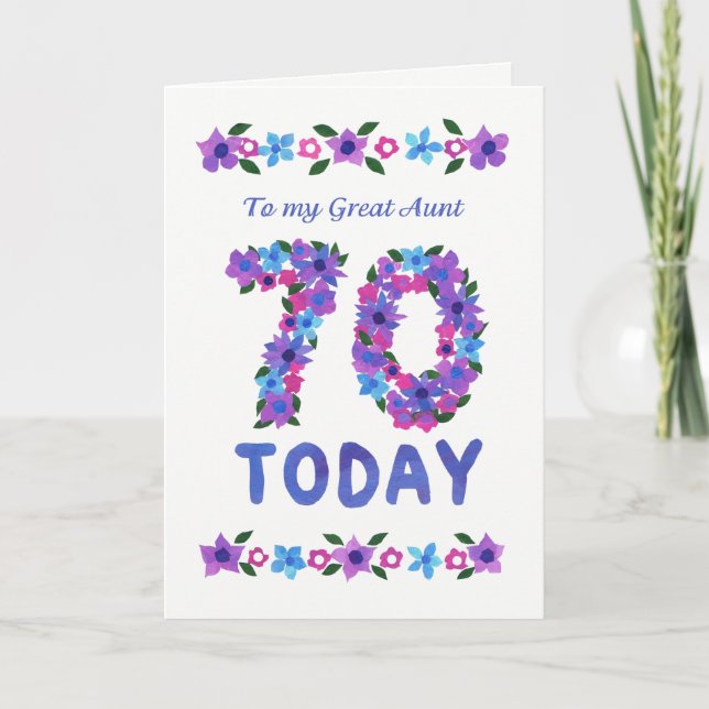 Pretty Floral 70th Birthday, for Great Aunt Card (Front)