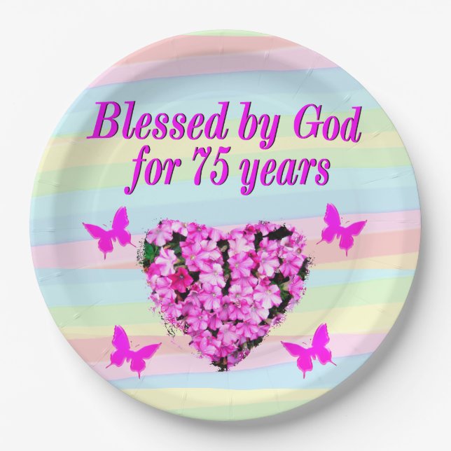 PRETTY FLORAL 75TH BIRTHDAY PAPER PLATES (Front)