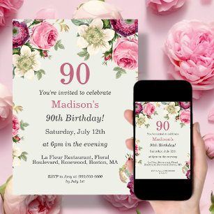 Pretty Floral   90th Birthday Invitation