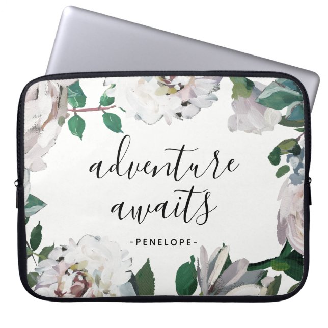 Pretty Floral Adventure Awaits with Name Laptop Sleeve (Front)