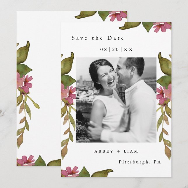 Pretty Floral and Greenery Photo Wedding Save The Date (Front/Back)