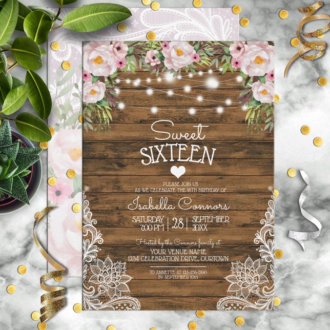 Pretty Floral and Lace Sweet 16 Party Invitation (Creator Uploaded)