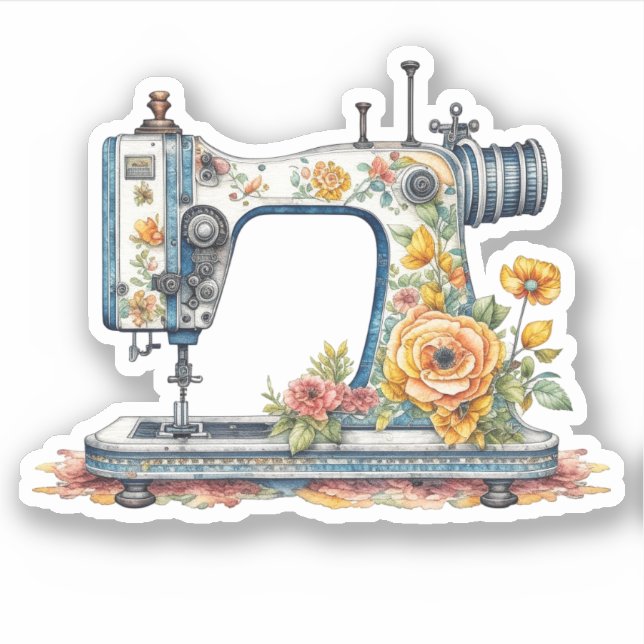 Pretty Floral Antique Sewing Machine Christmas Sticker (Front)