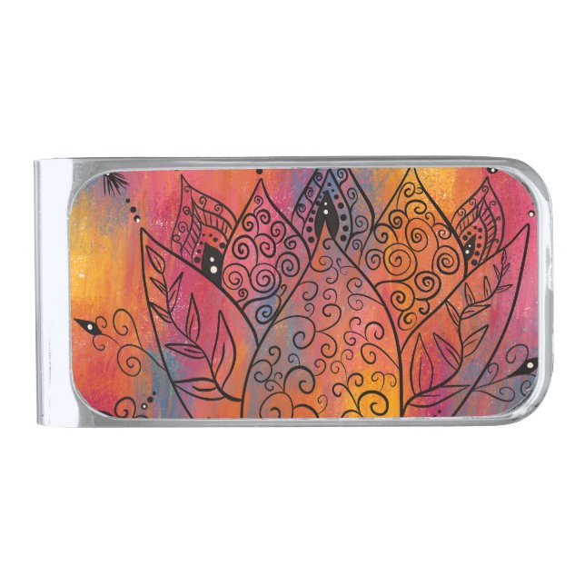 Pretty Floral Art Silver Finish Money Clip (Front)