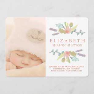 PRETTY FLORAL BABY BIRTH ANNOUNCEMENT PHOTOCARD