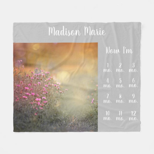 Pretty Floral Baby Milestones Gray Fleece Blanket (Front (Horizontal))