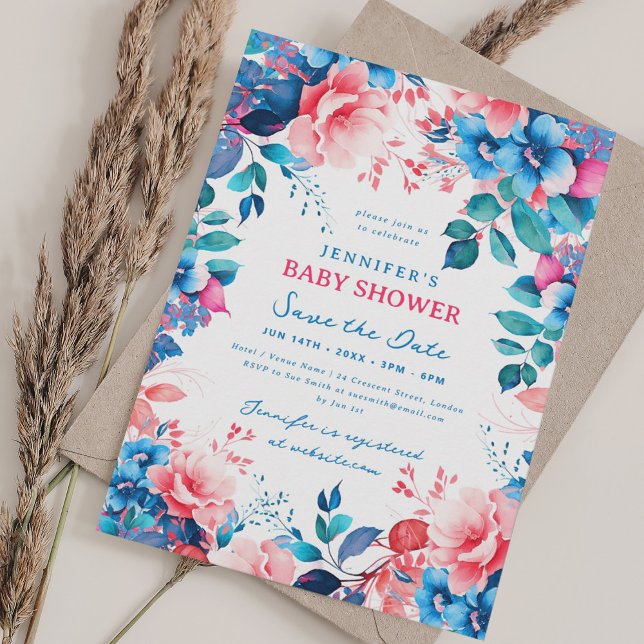 Pretty Floral Baby Shower Blue Pink Save Date Invitation (Pretty Floral Baby Shower Blue Pink Save Date Invitation)