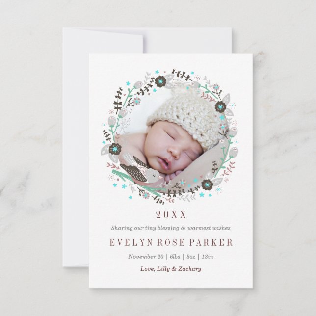 Pretty Floral Bird Wreath Birth Announcement (Front)