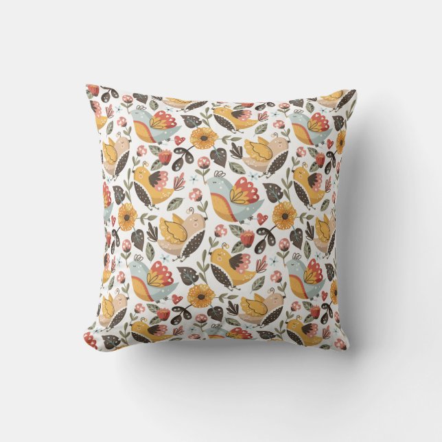 Pretty Floral Birds Bohemian Pattern Throw Pillow (Front)