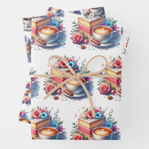 Pretty Floral Birthday Cake, Coffee and Flowers Wrapping Paper Sheets