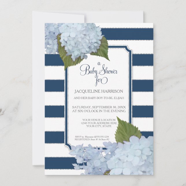Pretty Floral Blue Elegant Navy White Baby Shower Invitation (Front)