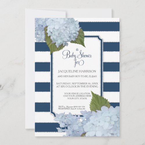 Pretty Floral Blue Elegant Navy White Baby Shower Invitation