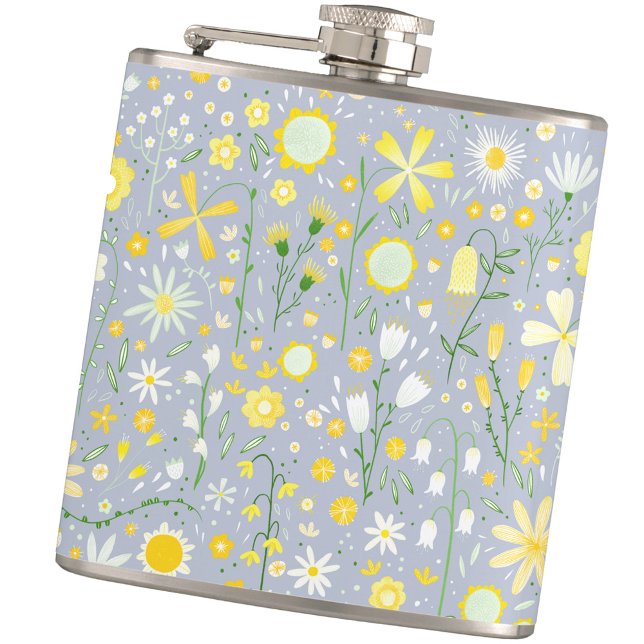 Pretty Floral Blue Flask (Floral pastel blue and yellow hip flask)