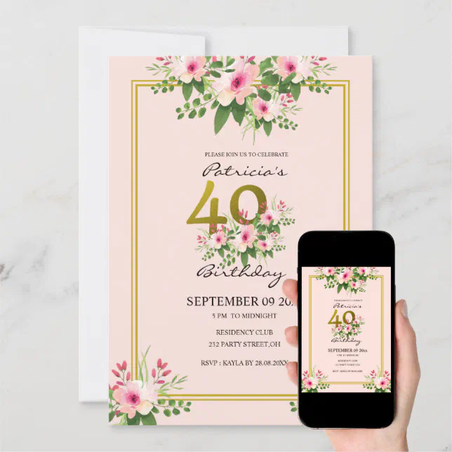 Pretty Floral Blush Pink And Gold 40th Birthday Invitation | Zazzle