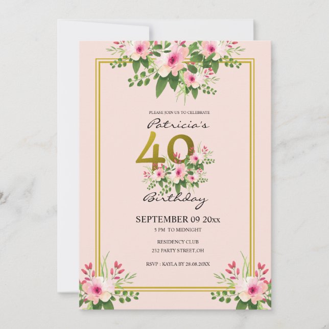 Pretty Floral Blush Pink And Gold 40th Birthday Invitation (Front)