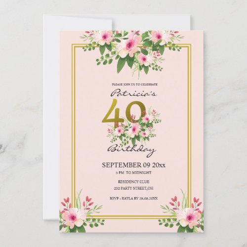 Pretty Floral Blush Pink And Gold 40th Birthday Invitation
