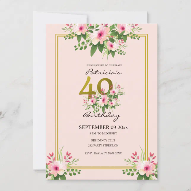 Pretty Floral Blush Pink And Gold 40th Birthday Invitation | Zazzle