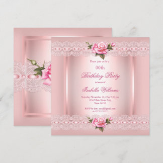 Pretty Floral Blush Pink Roses lace Birthday Invitation