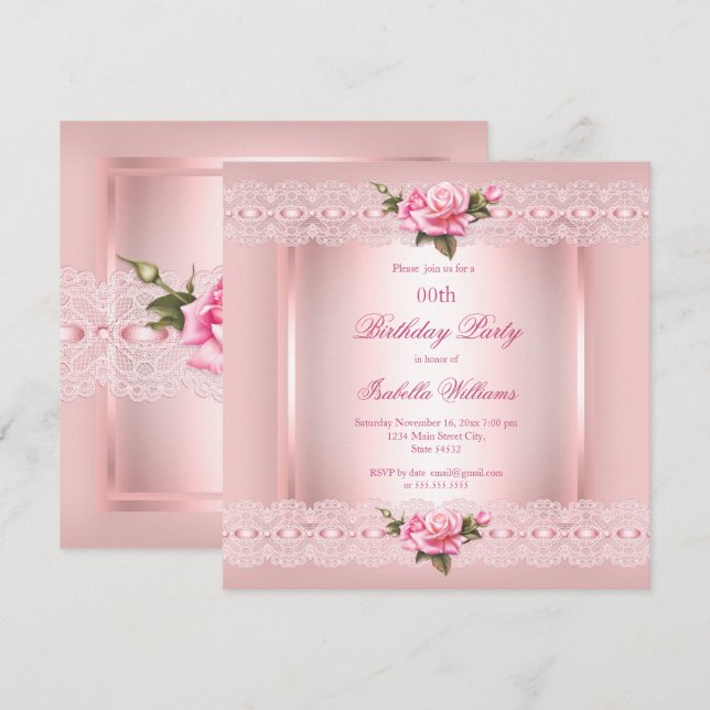 Pretty Floral Blush Pink Roses lace Birthday Invitation (Front/Back)