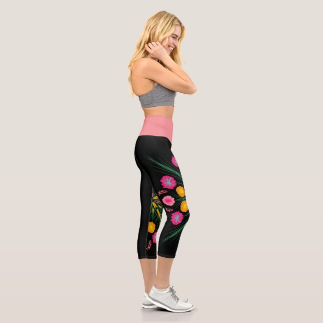 Pretty Floral Botanical Black Pink Capri Leggings (Right)