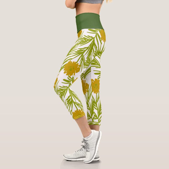 Pretty Floral Botanical Hand Drawn Yellow Capri Leggings (Left)