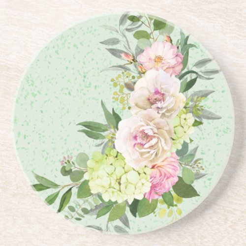 Pretty Floral Botanical Round Sandstone Coaster