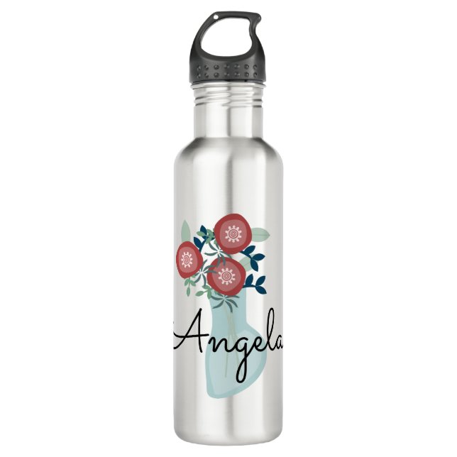 Pretty Floral Botanical Vase Name Stainless Steel Water Bottle (Front)