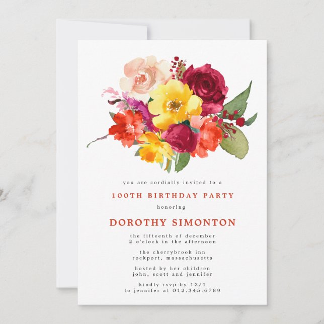 Pretty Floral Bouquet 100th Birthday Party Invitation (Front)