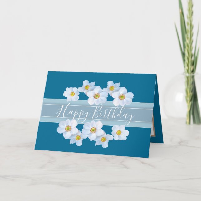 Pretty Floral Bouquet Anemone Flower Blue Birthday Card (Front)