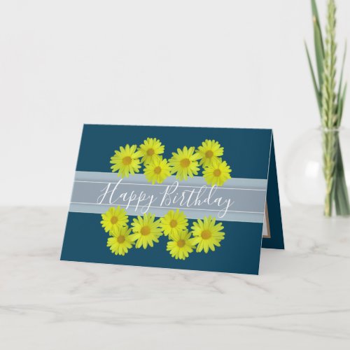 Pretty Floral Bouquet Daisy Flower Blue Birthday Card