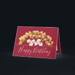 Pretty Floral Bouquet Orchid Lily Flowers Birthday Card<br><div class="desc">Gorgeous bouquet of yellow orchids and white lily flowers against a red color background. The birthday greeting text uses an attractive script typography font. The flowers cover the front of this card which can be used as a thank you card, a birthday card, or any other card of your choice....</div>