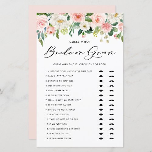 Pretty Floral Bride or Groom Bridal Shower Game