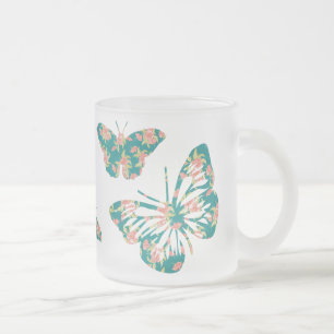 Pretty Floral Butterflies Frosted Glass Coffee Mug