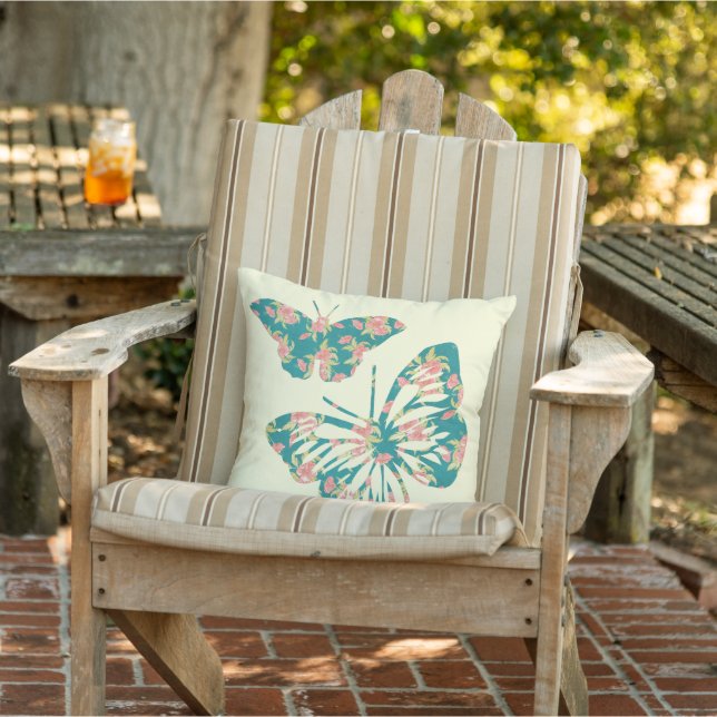 Pretty Floral Butterflies Light Beige Outdoor Pillow (Chair)
