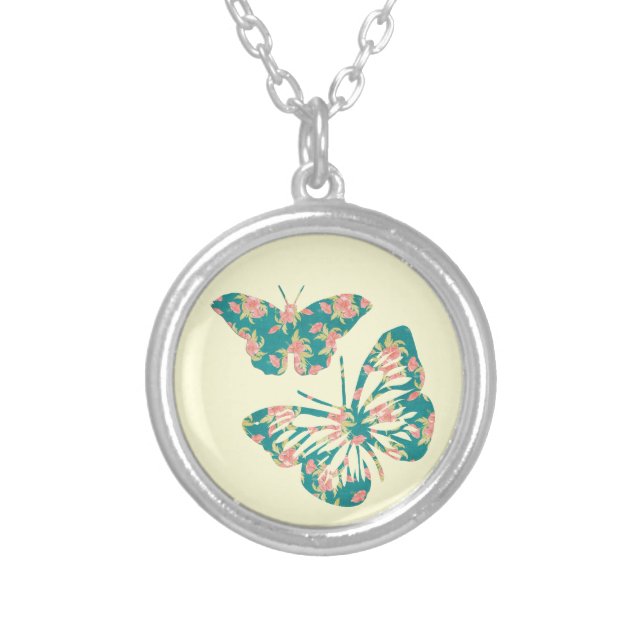 Pretty Floral Butterflies Silver Plated Necklace (Front)