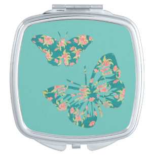Pretty Floral Butterflies Teal Compact Mirror