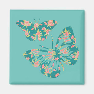 Pretty Floral Butterflies Teal Magnet