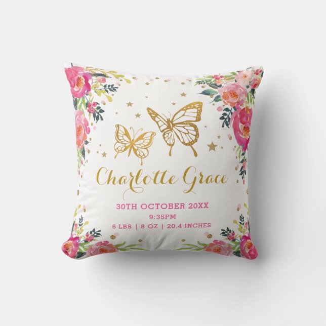 Pretty Floral Butterfly Birth Stats Girl Nursery Throw Pillow (Front)