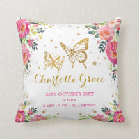 Pretty Floral Butterfly Birth Stats Girl Nursery Throw Pillow