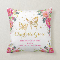 Pretty Floral Butterfly Birth Stats Girl Nursery Throw Pillow